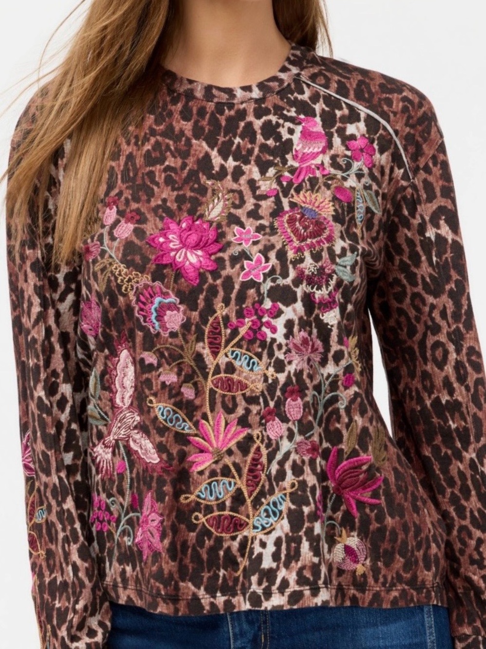 Johnny Was | Penellope Seamed Sleeve Leopard Print Floral Embroidered Top Large